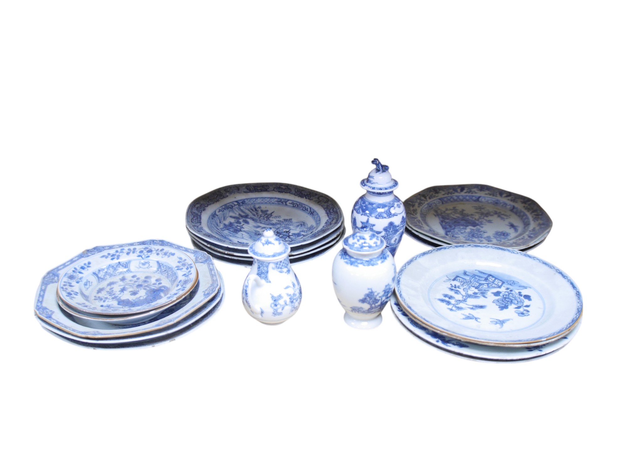 A group of 18th century Chinese export blue and white plates, two similar vases and a jug, largest 22cm wide. Condition - varies, some chipping and cracking